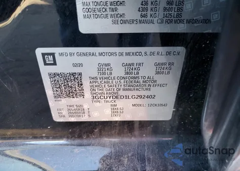 2020 Chevrolet Silverado K1500 Lt z USA, uszkodzony, nr VIN 3GCUYDED1LG292402